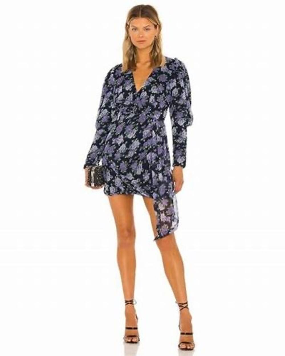 Saylor Merritt Blue Purple Floral Print Puff Long Sleeve Mini Dress Size L New